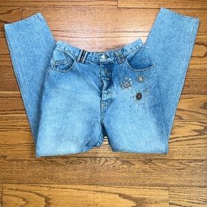 No Jeans Blue 90s Y2K Vintage High Rise Bedazzled Straight Leg Jeans A38